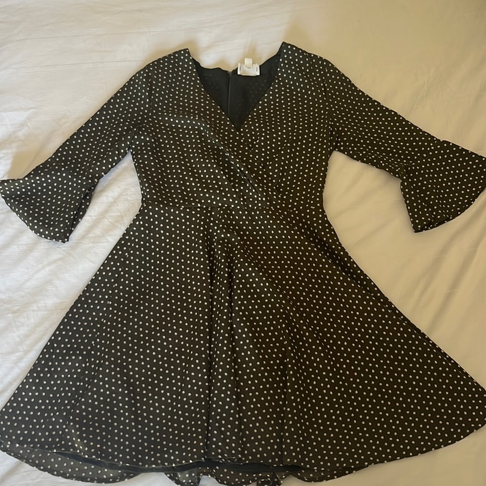 PRICE DROP: Everly Mini Skater dress in dark green with white polka dots